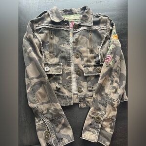 Miss Me S Army Cotton Jacket Green Floral Embroidered Pockets Zip Detail